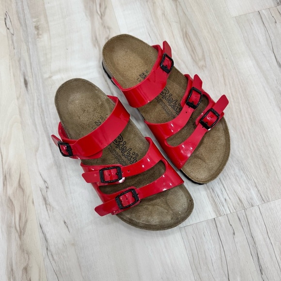 Birkenstock’s Birki Patent Florida Red Havanna Sandals Flats Size Ladies Sz 5 35 - Picture 1 of 4